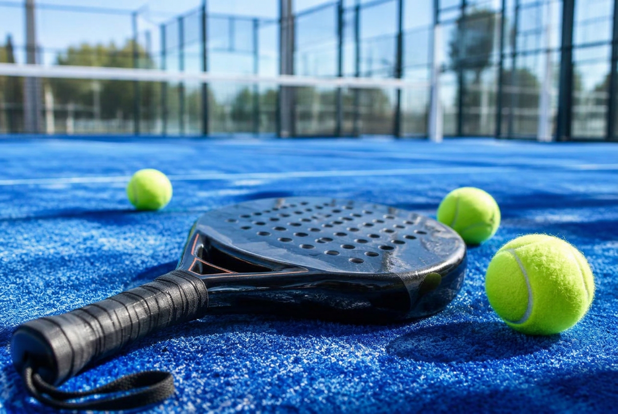Padelracket en ballen op een blauwe padelbaan